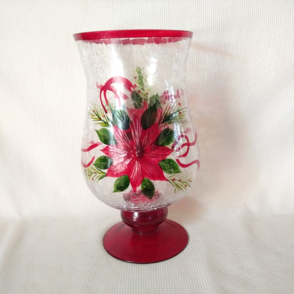 Brylane Home Hand-Painted Poinsettia Hurricane Crackle Glass Holiday Candle